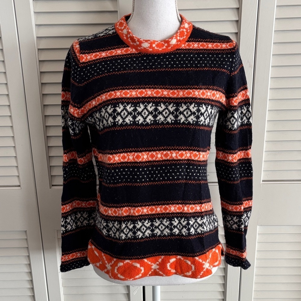 J.Crew Factory Merino Wool Blend Fair Isle Sweater Women’s Navy Orange Size M